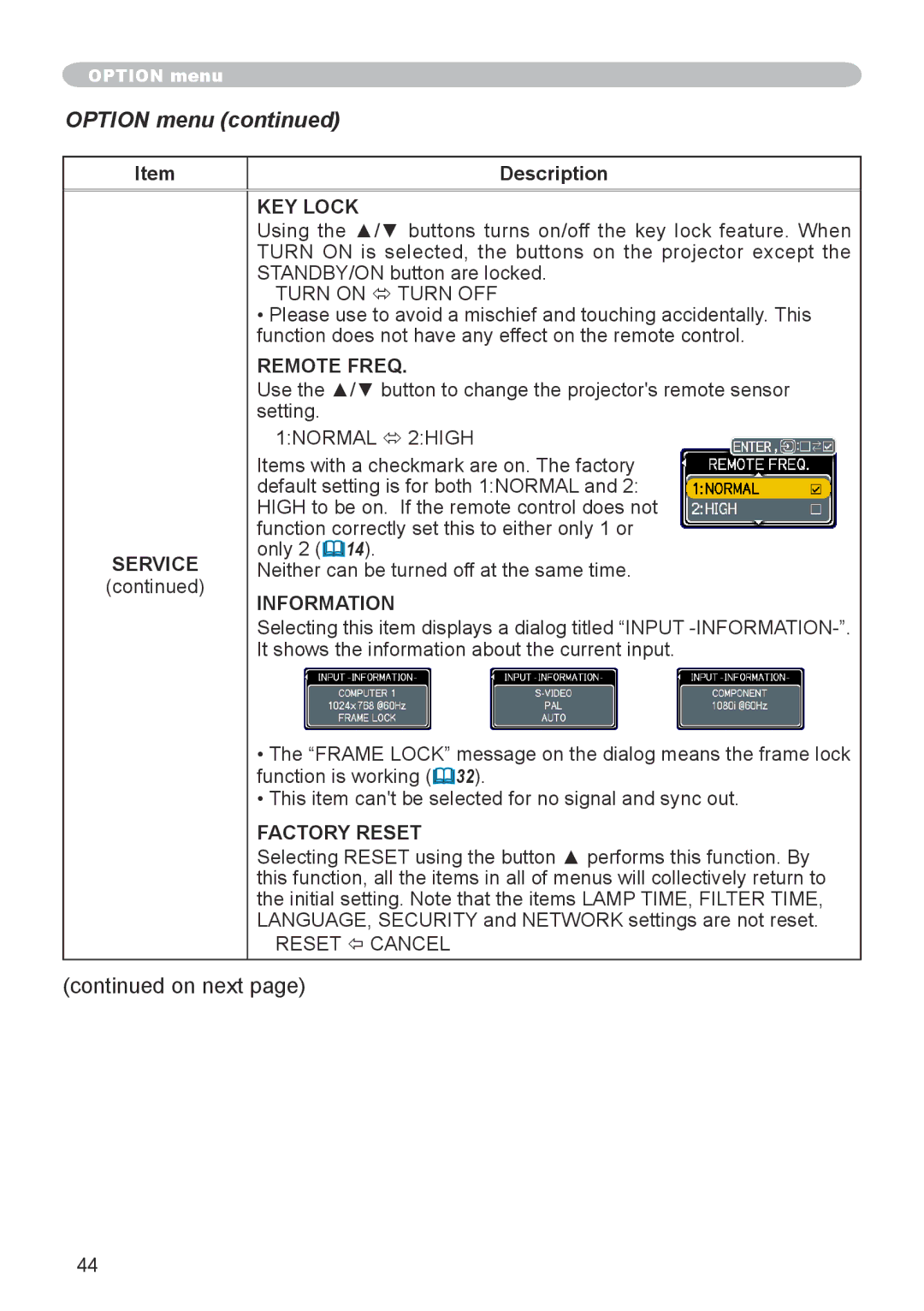 Dukane 8755G-RJ, 8912-RJ user manual KEY Lock, Remote Freq, Information, Factory Reset 