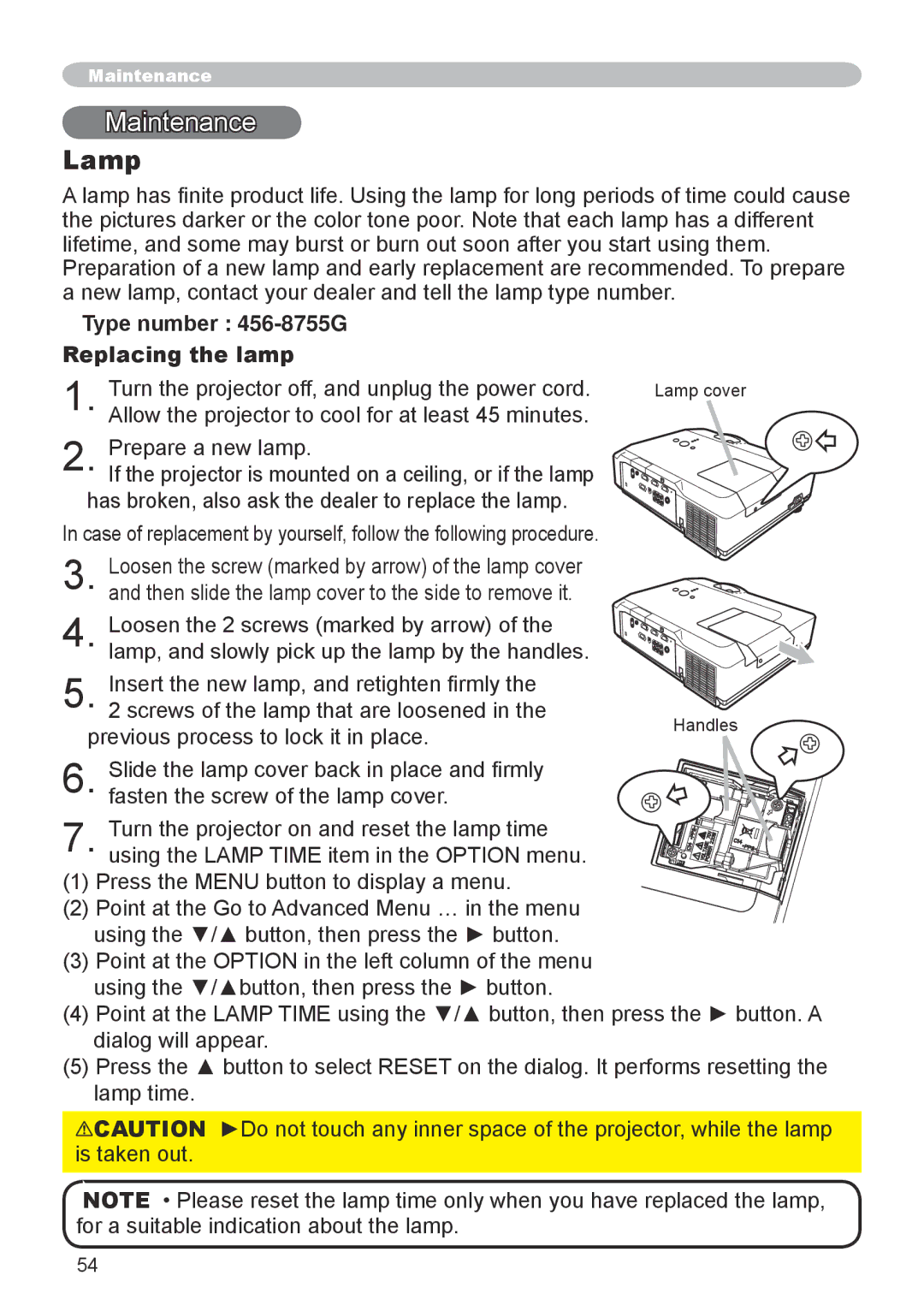 Dukane 8755G-RJ, 8912-RJ user manual Maintenance, Lamp, Type number 456-8755G Replacing the lamp 