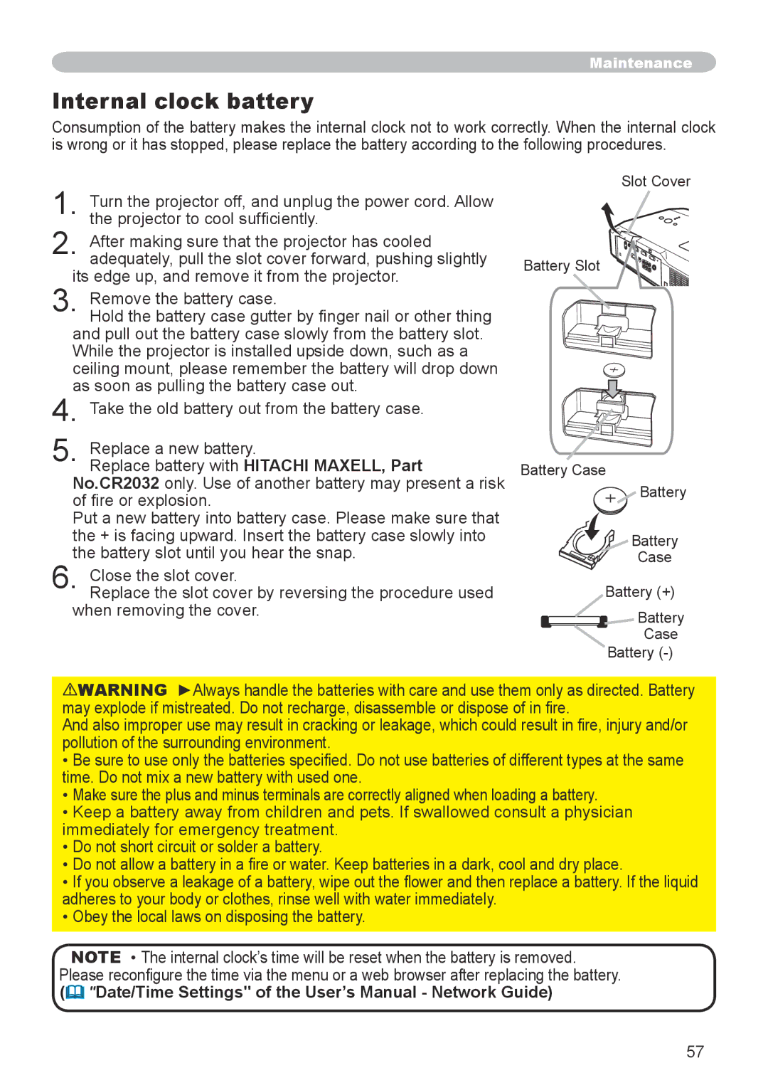 Dukane 8912-RJ, 8755G-RJ user manual Internal clock battery,  Date/Time Settings of the User’s Manual Network Guide 