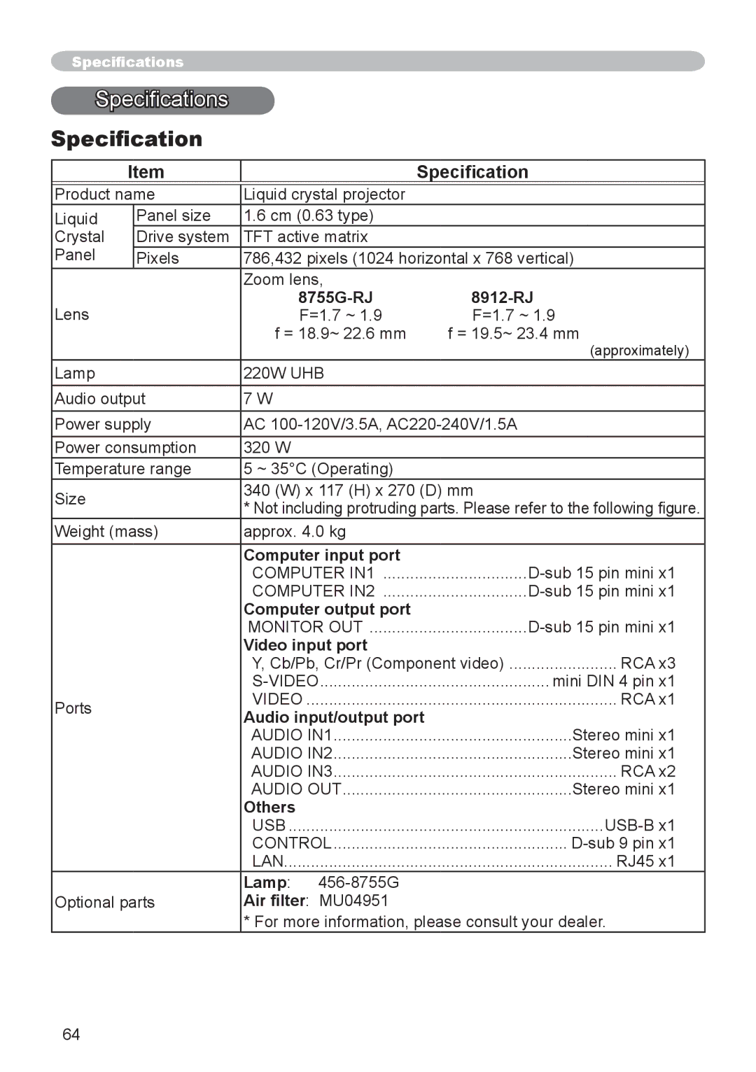 Dukane 8755G-RJ, 8912-RJ user manual Speciﬁcations 