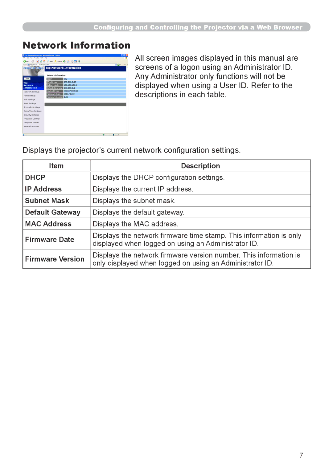 Dukane 8755G-RJ, 8912-RJ user manual Network Information, Displays the Dhcp configuration settings 