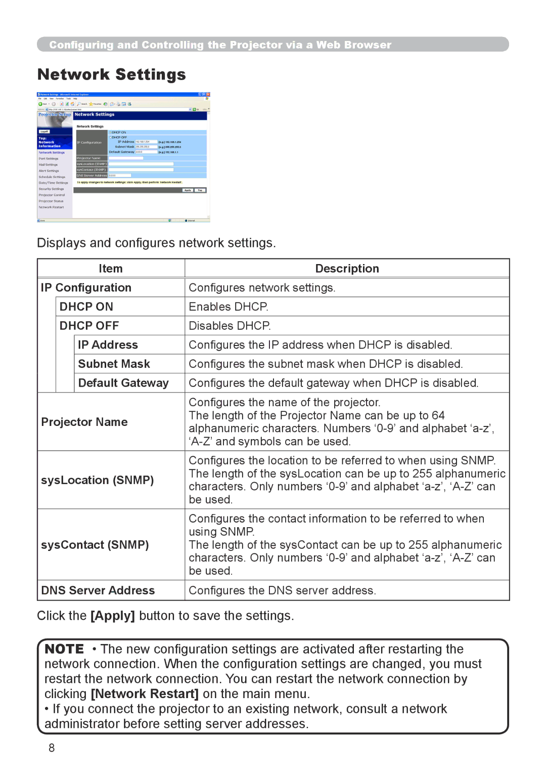 Dukane 8912-RJ, 8755G-RJ user manual Network Settings, Displays and configures network settings, Dhcp on, Dhcp OFF 