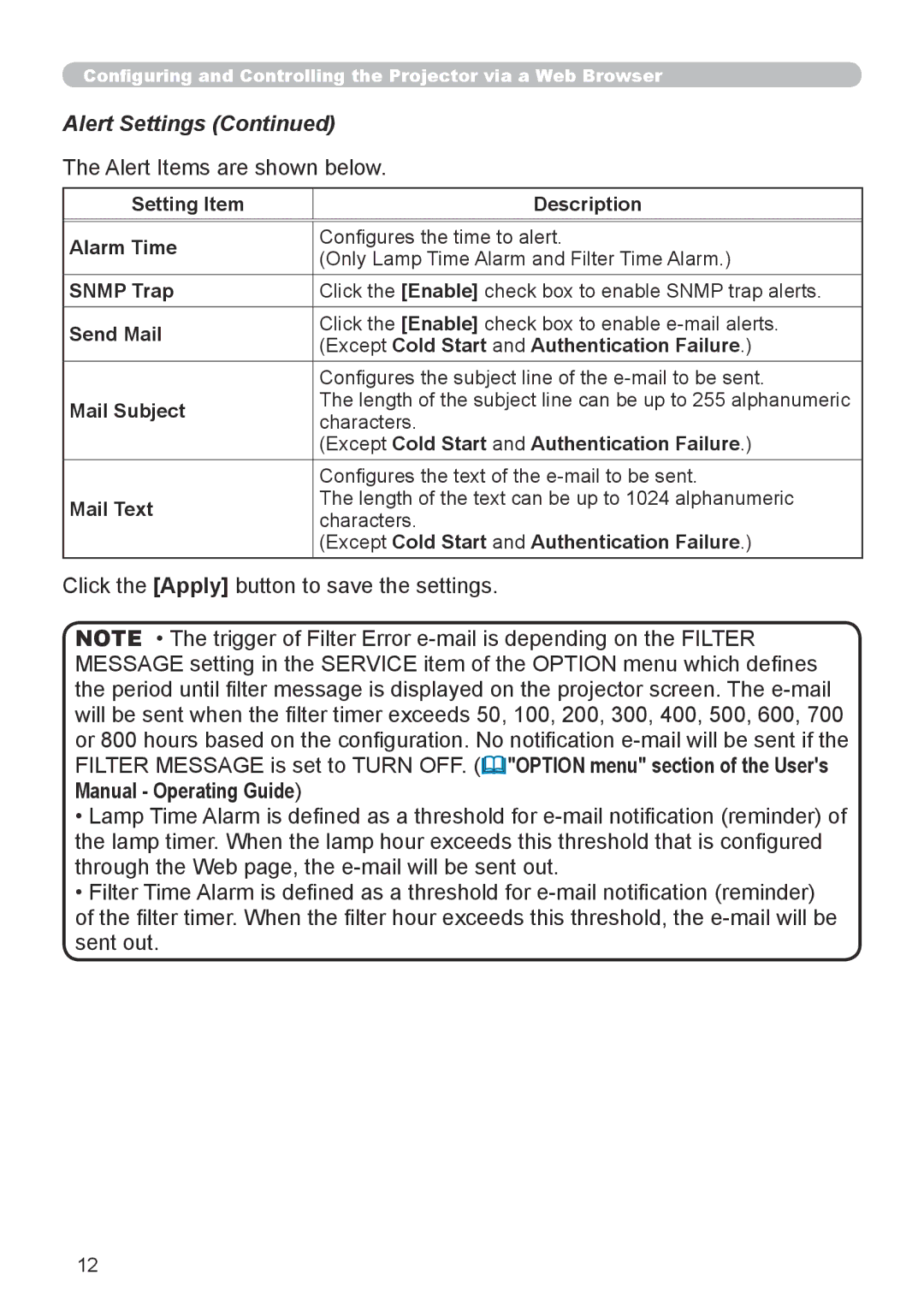 Dukane 8912-RJ, 8755G-RJ user manual Alert Settings, Alert Items are shown below 