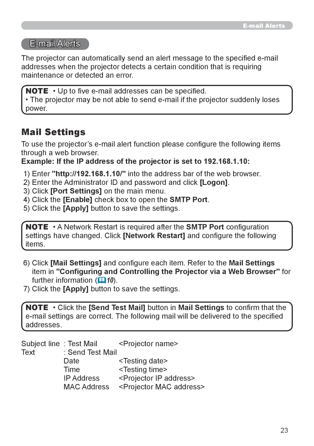 Dukane 8755G-RJ, 8912-RJ user manual Mail Alerts, Example If the IP address of the projector is set to 