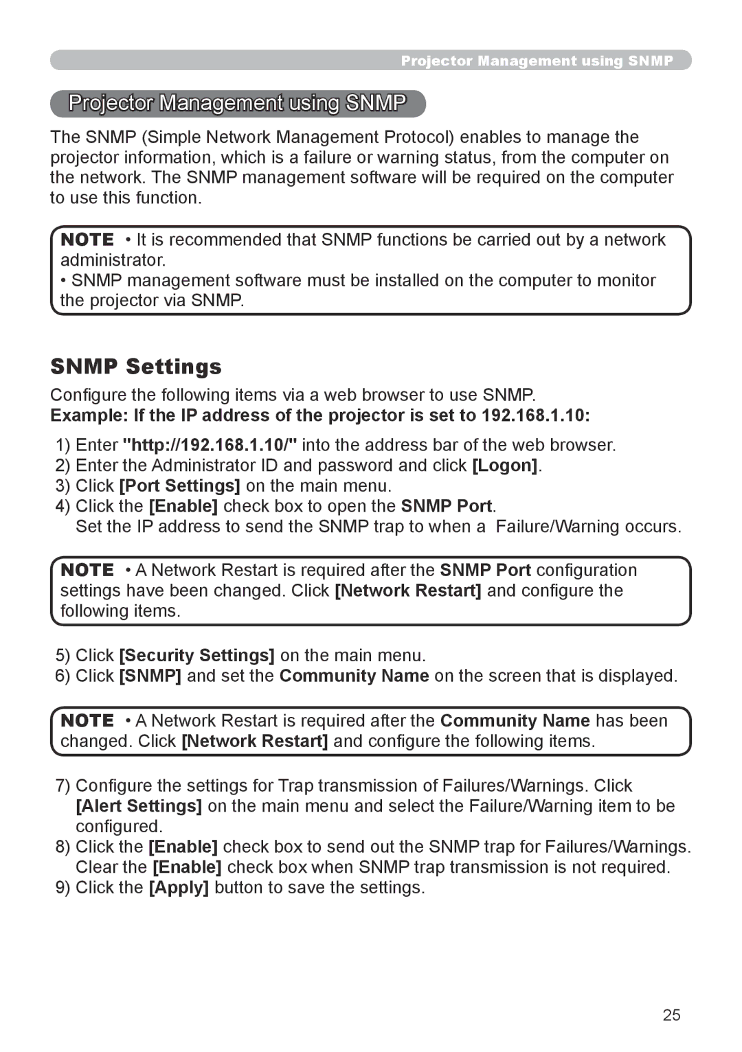 Dukane 8755G-RJ, 8912-RJ user manual Projector Management using Snmp, Snmp Settings 