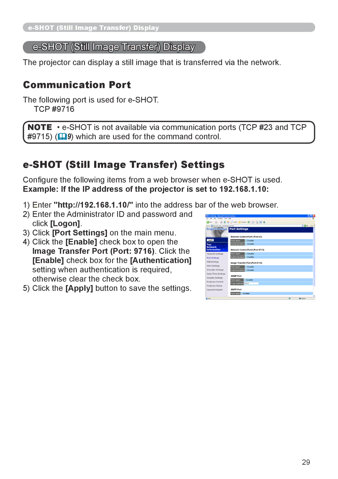 Dukane 8755G-RJ, 8912-RJ Shot Still Image Transfer Display, Communication Port, Shot Still Image Transfer Settings 