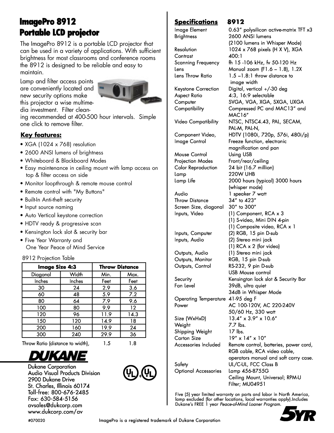 Dukane 8912 manual ImagePro Portable LCD projector, Key features, Specifications 