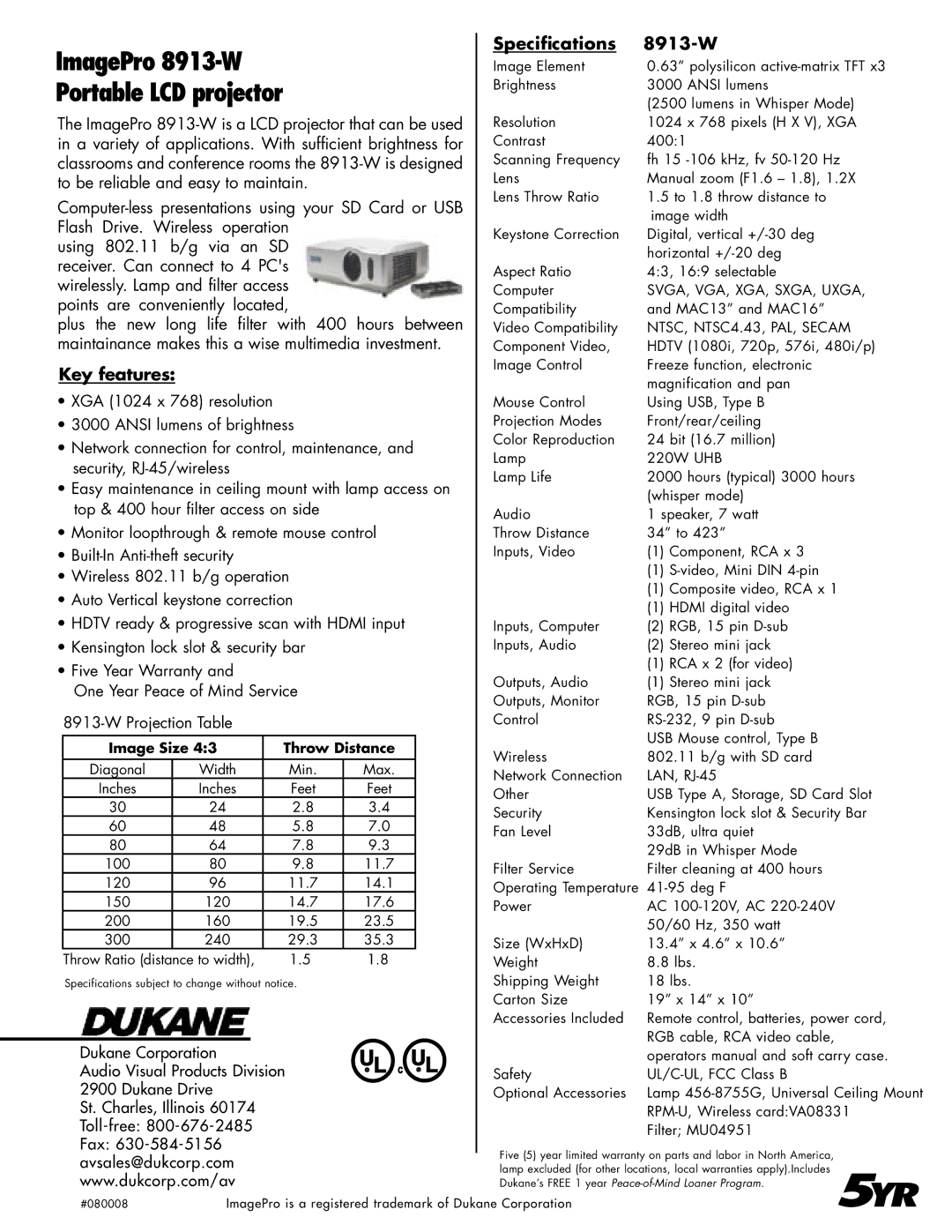 Dukane manual 5YR, ImagePro 8913-W, Portable LCD projector, Specifications 8913-W, Key features 