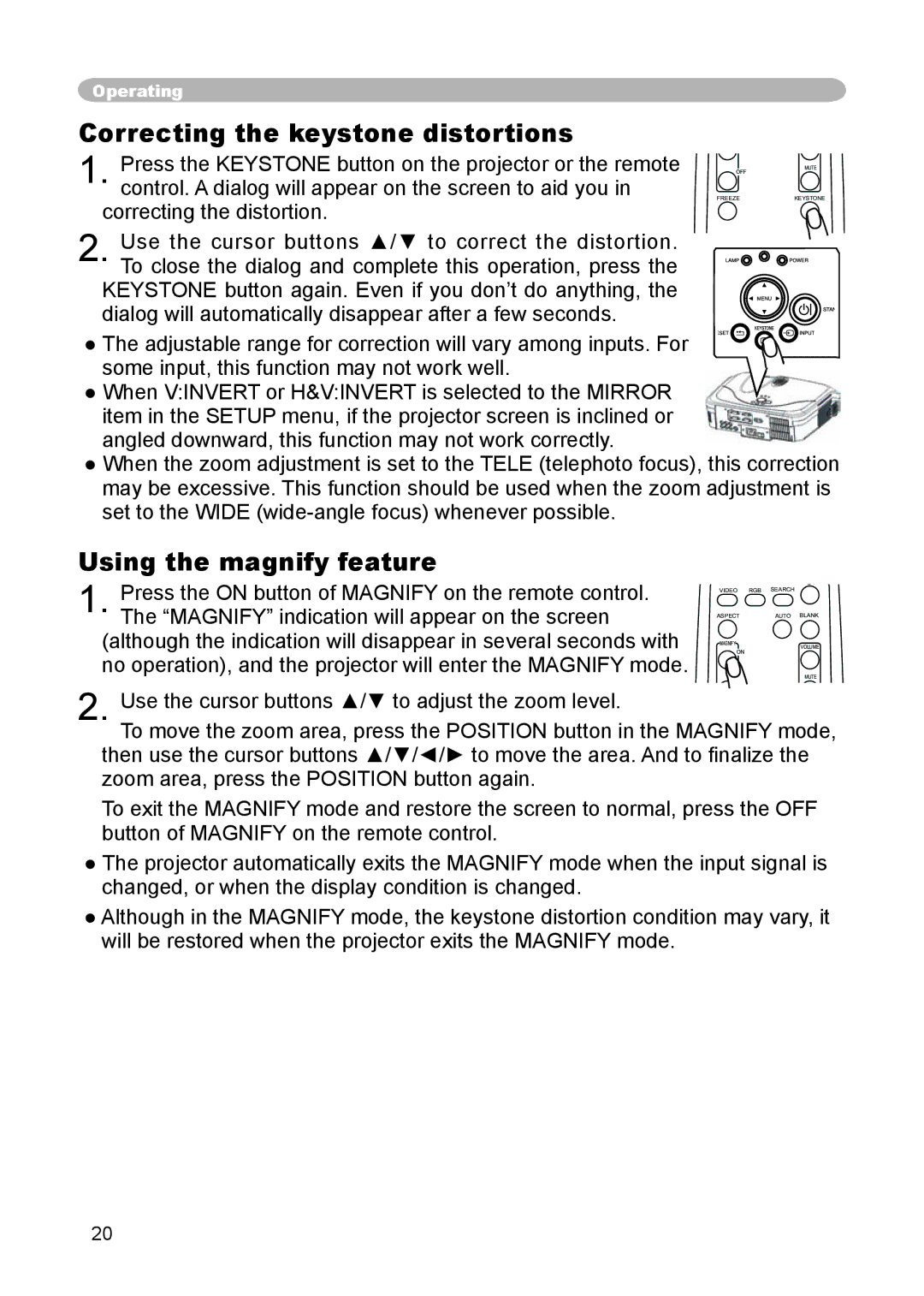 Dukane 8914 user manual Correcting the keystone distortions, Using the magnify feature 