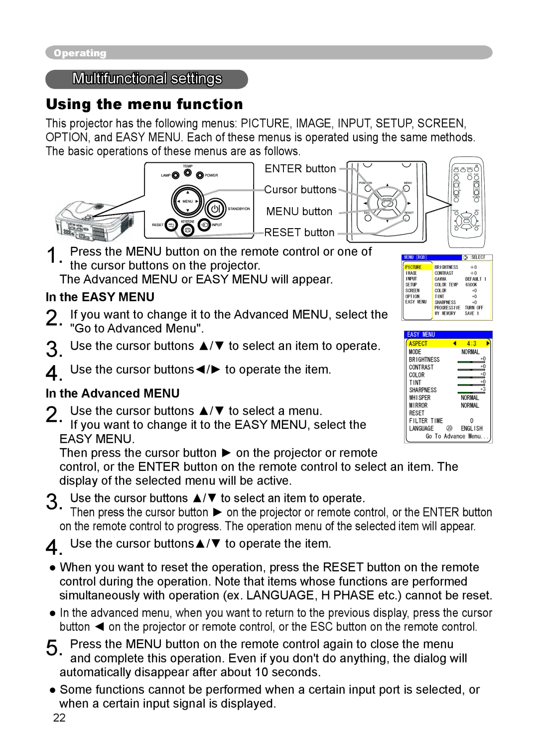 Dukane 8914 user manual Multifunctional settings, Using the menu function, Easy Menu, Advanced Menu 