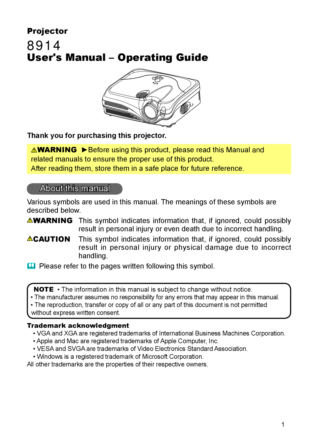 Dukane 8914 user manual About this manual, Thank you for purchasing this projector, Trademark acknowledgment 