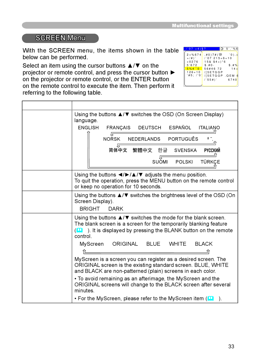 Dukane 8914 user manual Screen Menu, Menu Position OSD Bright Blank, Bright  Dark 