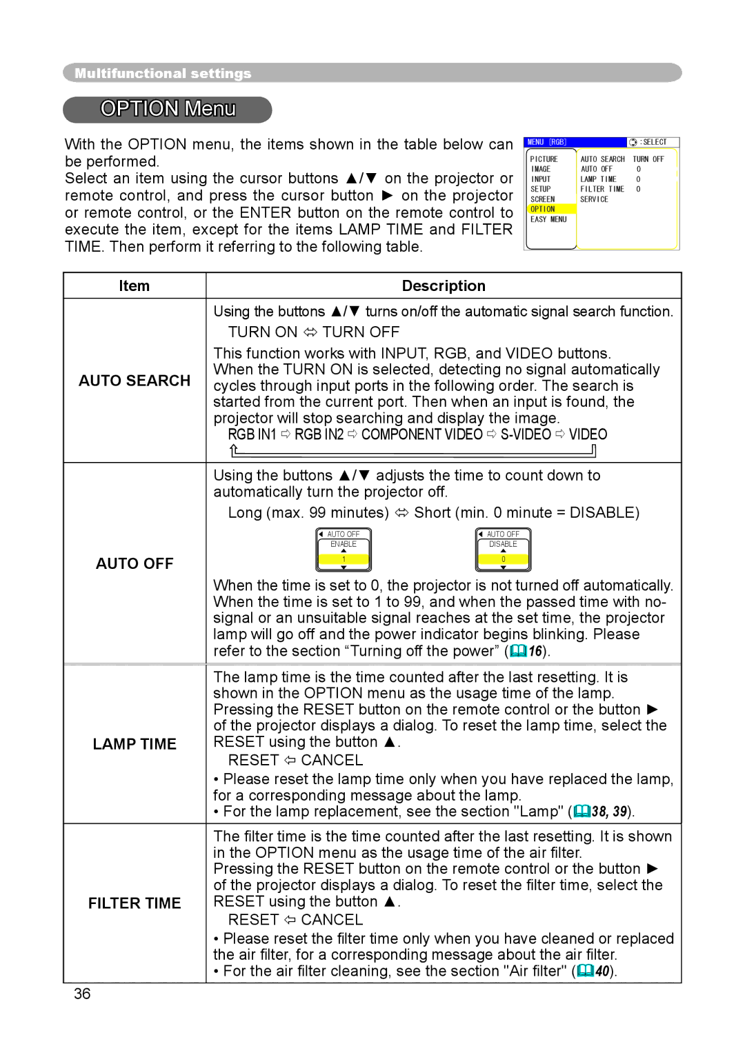 Dukane 8914 user manual Option Menu, Auto Search Auto OFF Lamp Time Filter Time, Reset  Cancel 