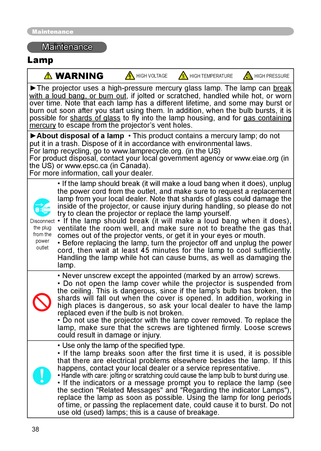 Dukane 8914 user manual Maintenance, Lamp 