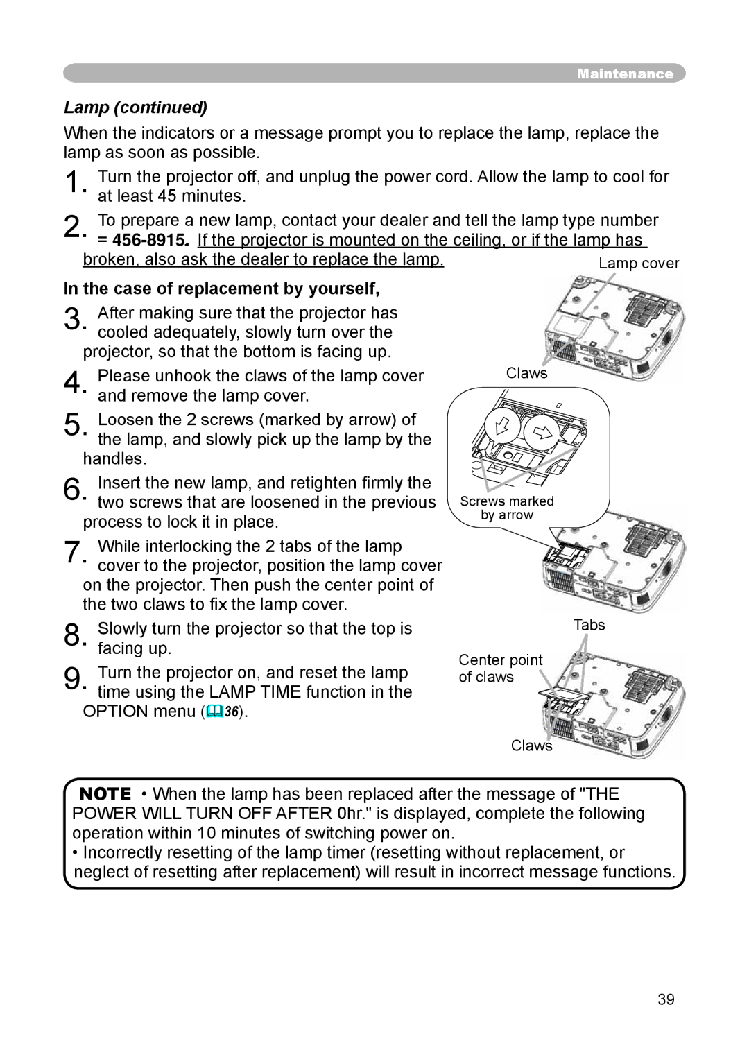 Dukane 8914 user manual Lamp, Case of replacement by yourself 