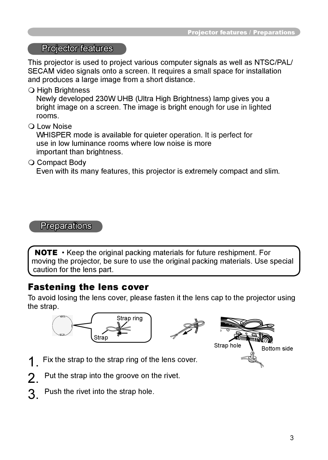 Dukane 8914 user manual Projector features, Preparations, Fastening the lens cover 