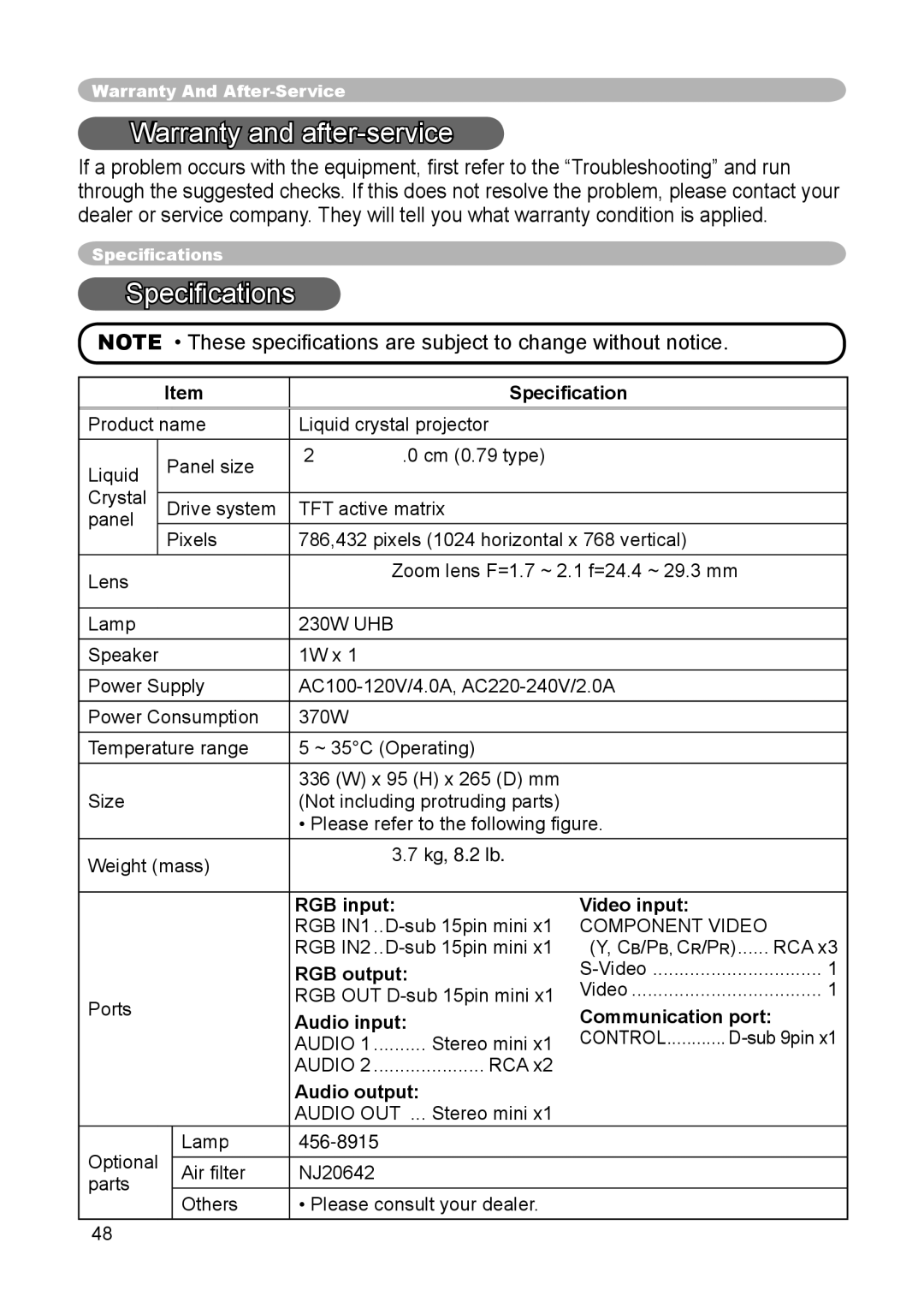 Dukane 8914 user manual Speciﬁcation, RGB input, RGB output, Audio input, Audio output, Video input, Communication port 