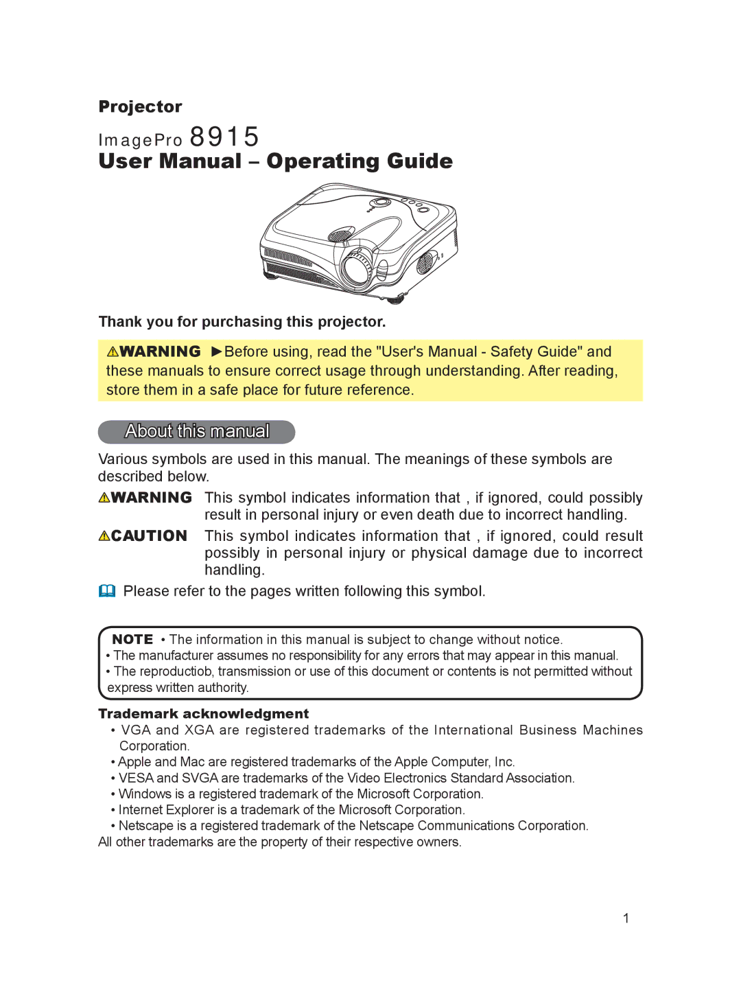 Dukane 8915 user manual About this manual, Thank you for purchasing this projector, Trademark acknowledgment 