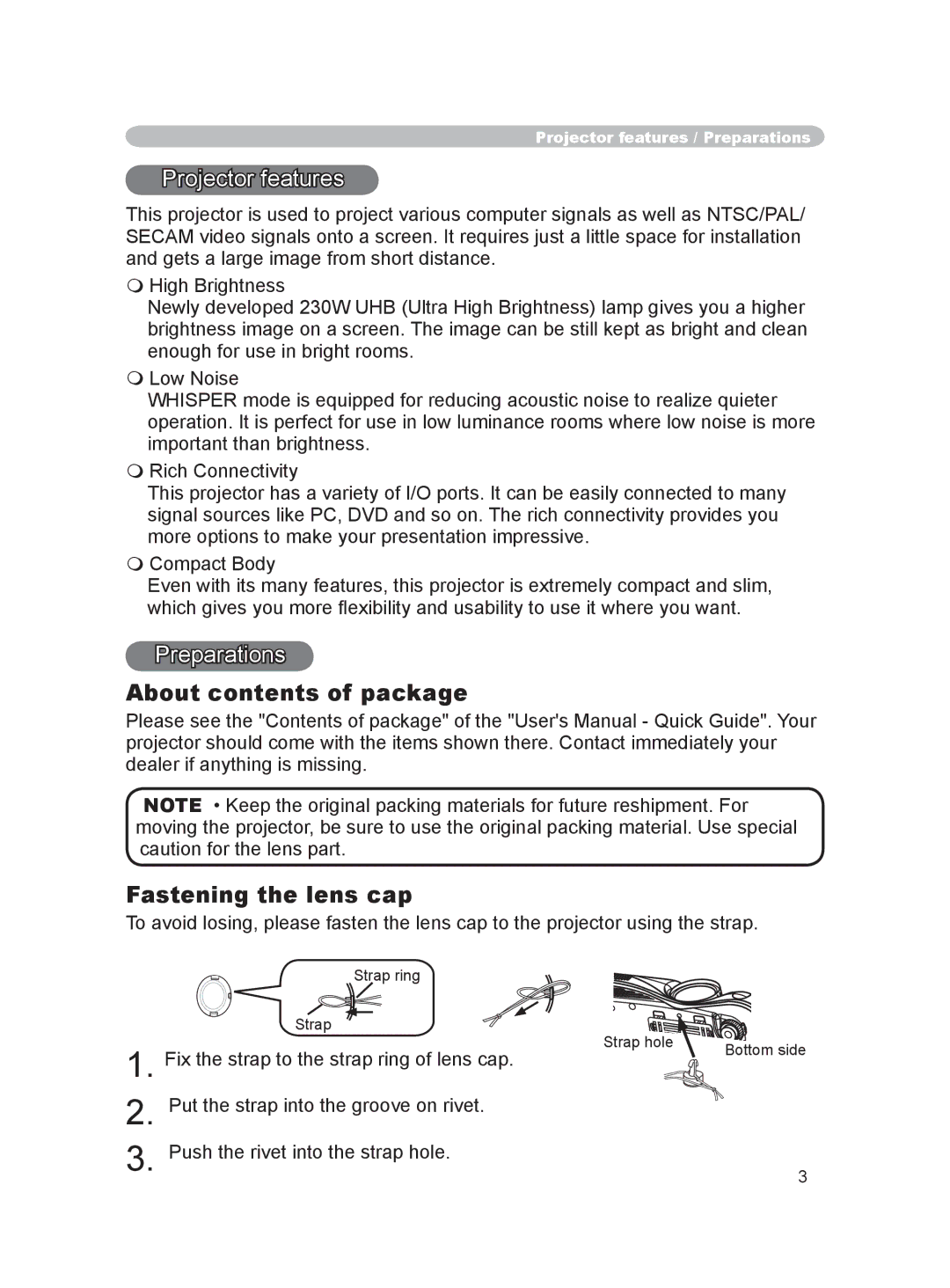 Dukane 8915 user manual About contents of package Fastening the lens cap 