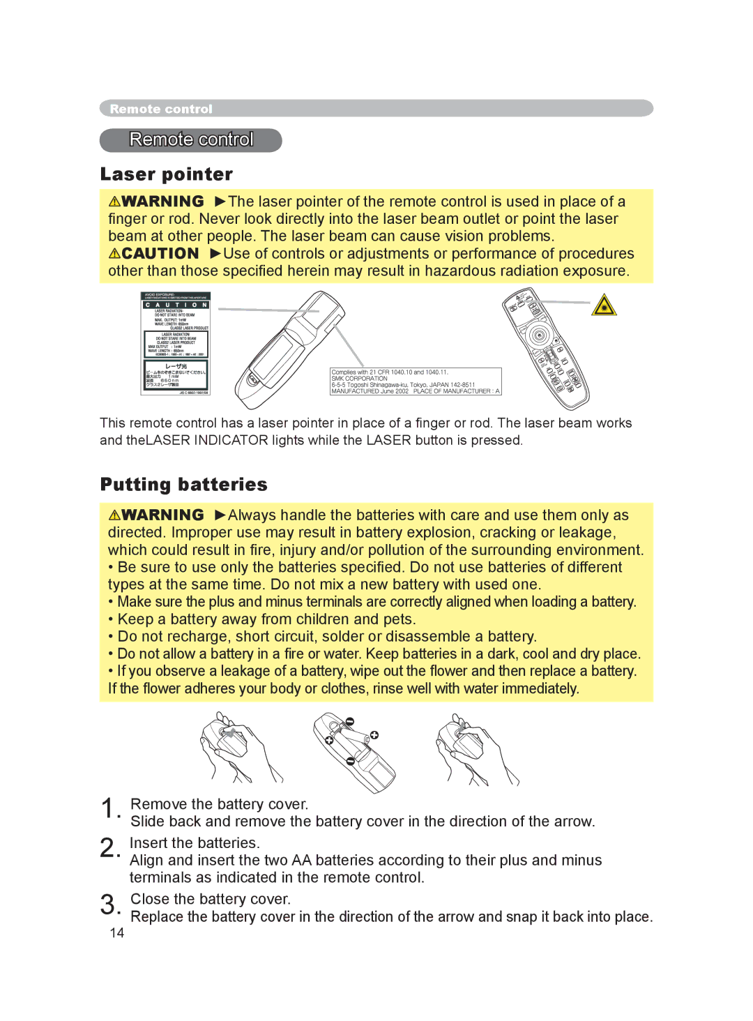 Dukane 8915 user manual Remote control, Laser pointer, Putting batteries 