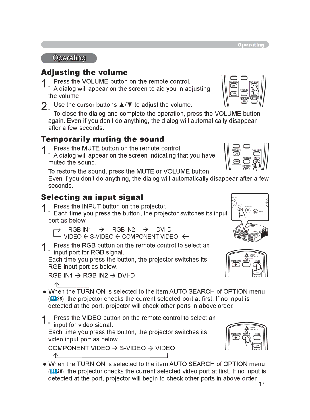 Dukane 8915 user manual Operating, Adjusting the volume, Temporarily muting the sound, Selecting an input signal 