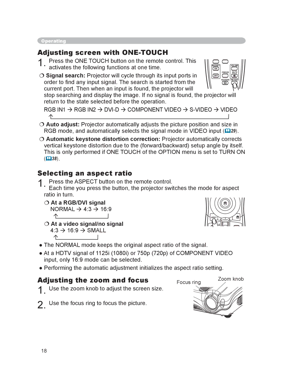 Dukane 8915 user manual Adjusting screen with ONE-TOUCH, Selecting an aspect ratio, Adjusting the zoom and focus 