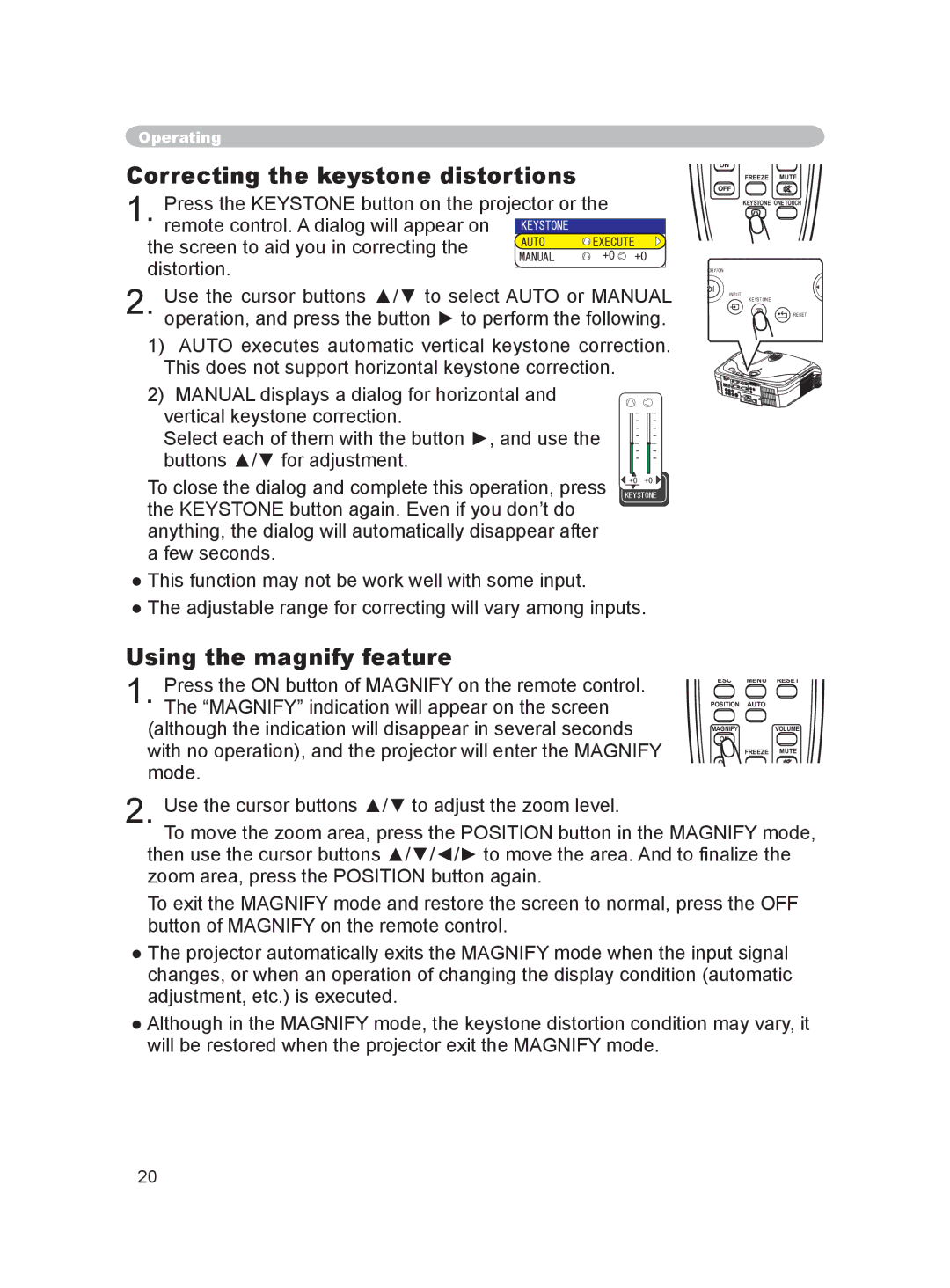 Dukane 8915 user manual Correcting the keystone distortions, Using the magnify feature 