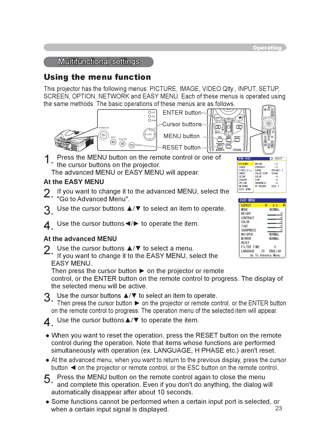 Dukane 8915 user manual Multifunctional settings, Using the menu function, At the Easy Menu, At the advanced Menu 