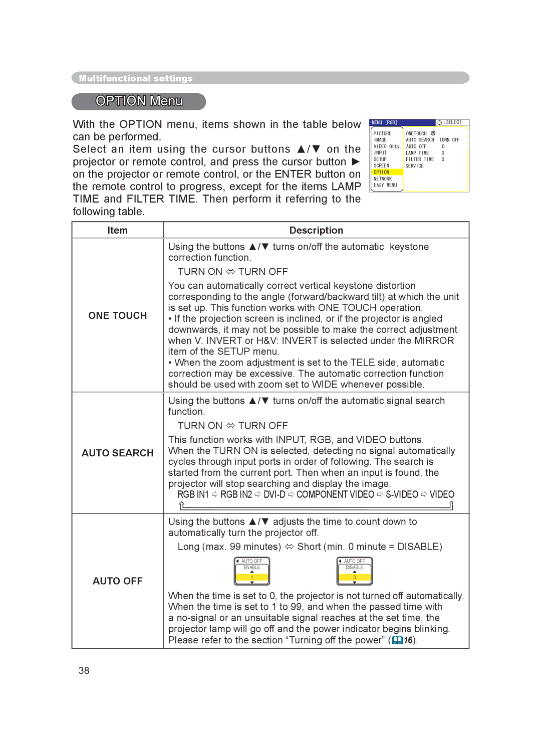 Dukane 8915 user manual Option Menu, ONE Touch, Auto Search, Auto OFF 