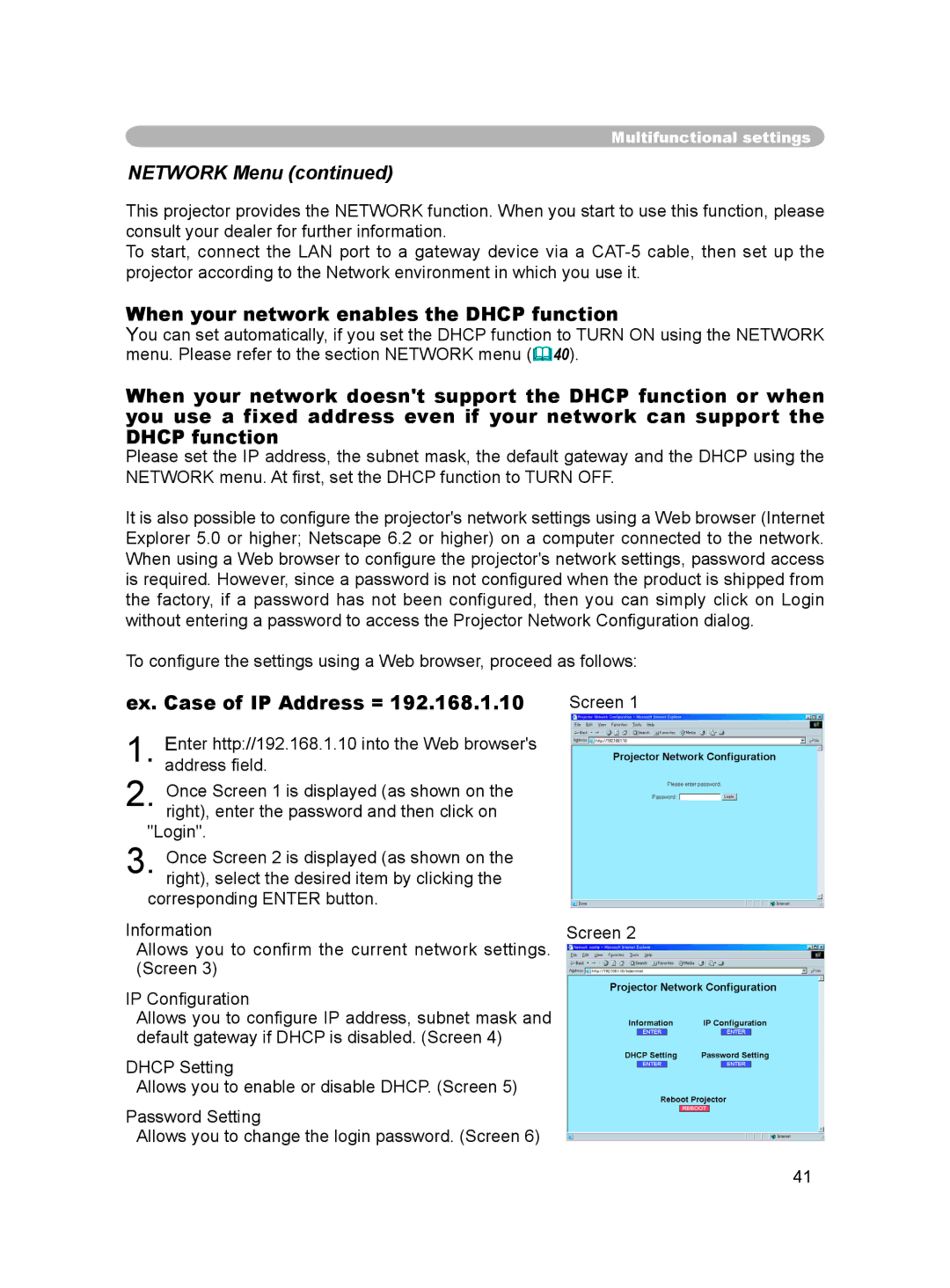 Dukane 8915 user manual Network Menu, When your network enables the Dhcp function, Ex. Case of IP Address = 