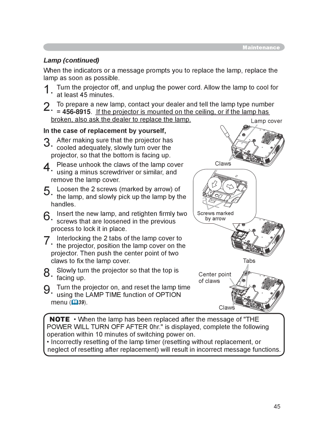 Dukane 8915 user manual Lamp, Case of replacement by yourself 