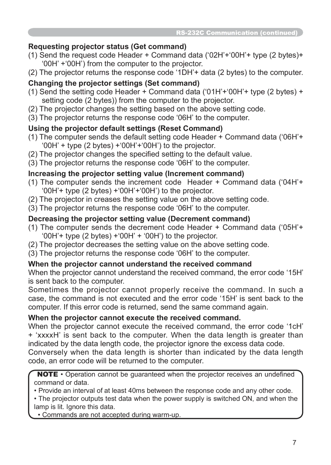 Dukane 8915 user manual Requesting projector status Get command, Changing the projector settings Set command 