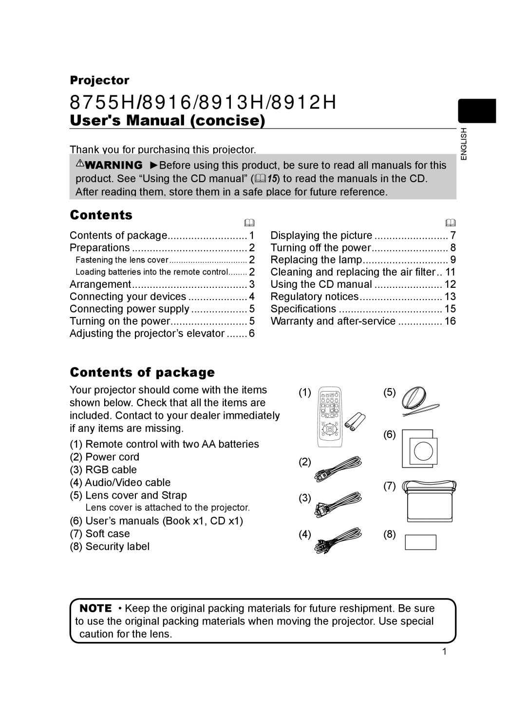 Dukane 8912H, 8916 user manual Contents of package 