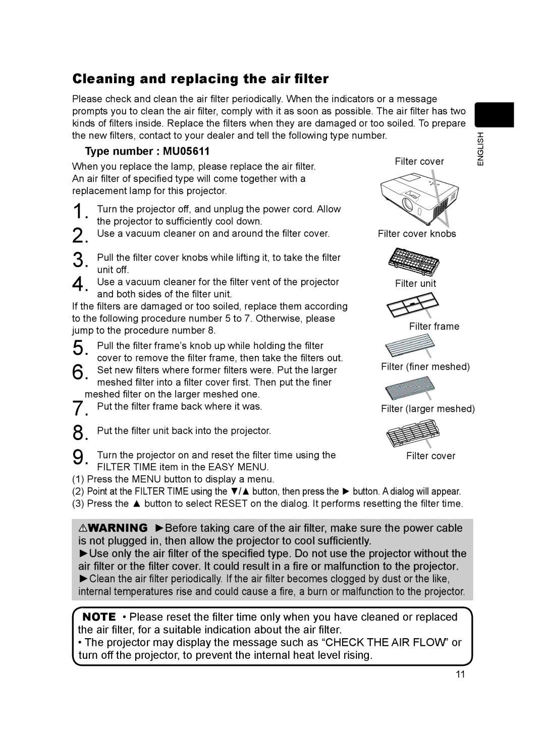 Dukane 8912H, 8916 user manual Cleaning and replacing the air filter, Type number MU05611 