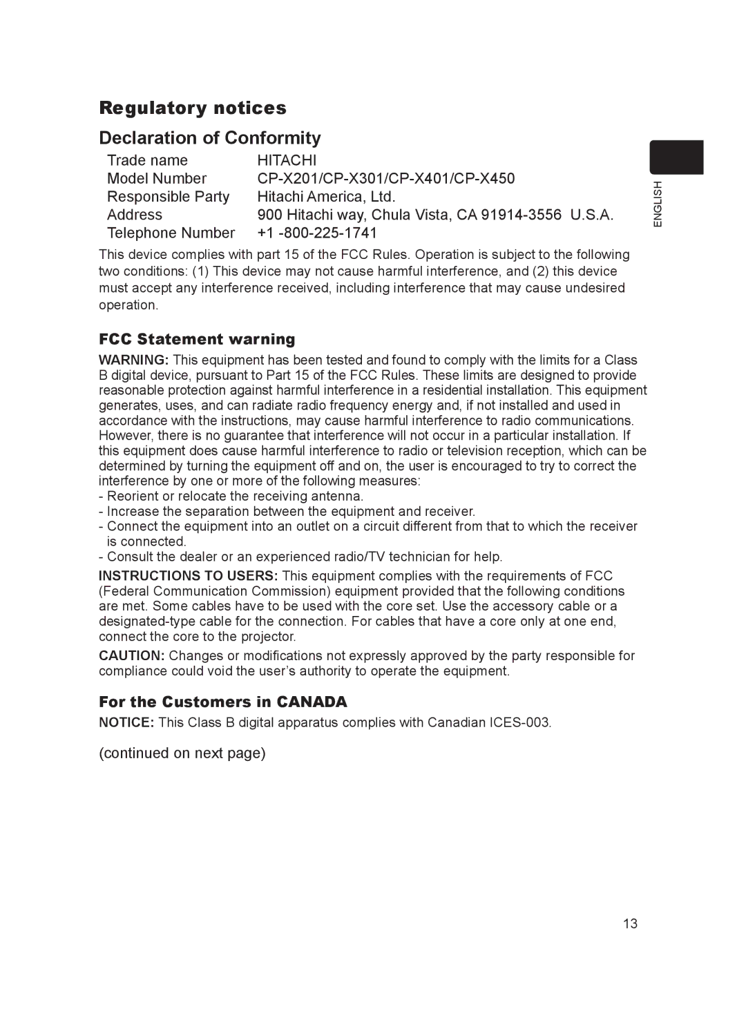 Dukane 8912H, 8916 Regulatory notices Declaration of Conformity, FCC Statement warning, For the Customers in Canada 