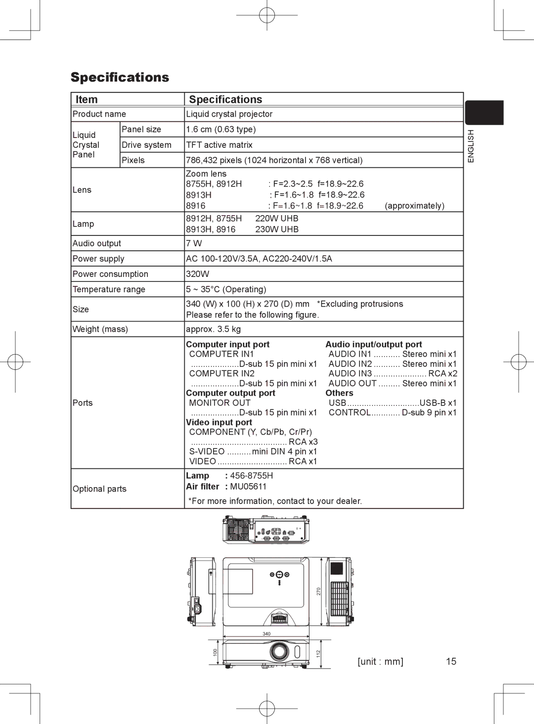 Dukane 8912H, 8916 user manual Specifications 