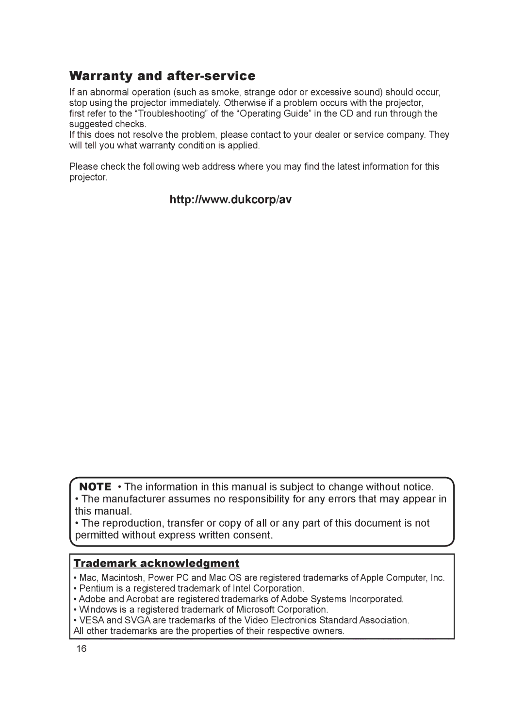 Dukane 8916, 8912H user manual Warranty and after-service, Trademark acknowledgment 