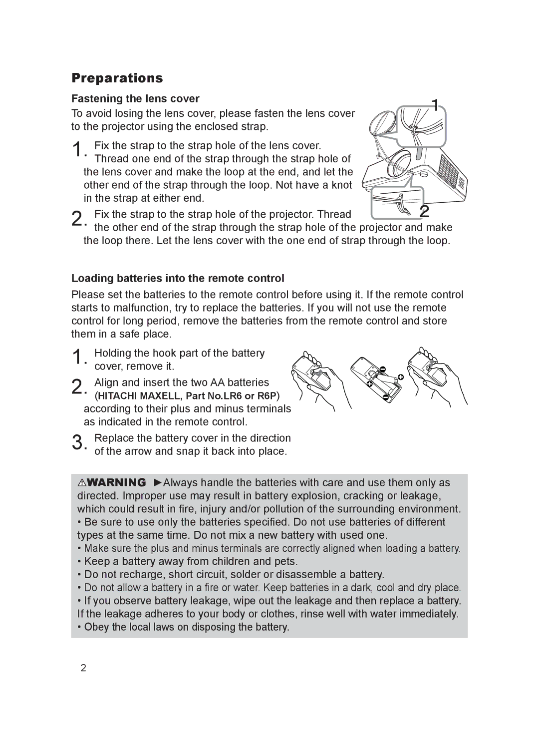 Dukane 8916, 8912H user manual Preparations, Fastening the lens cover, Loading batteries into the remote control 