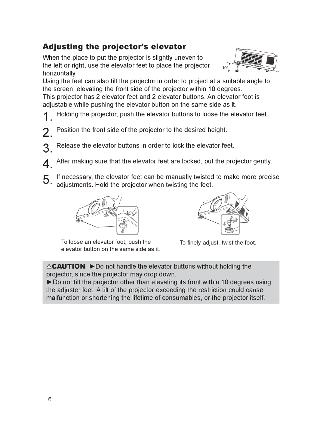 Dukane 8916, 8912H user manual Adjusting the projectors elevator 