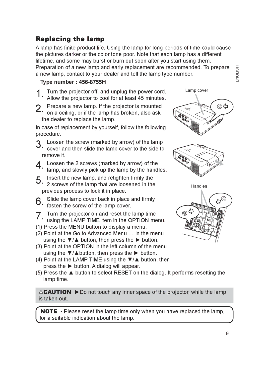 Dukane 8912H, 8916 user manual Replacing the lamp, Type number 456-8755H 