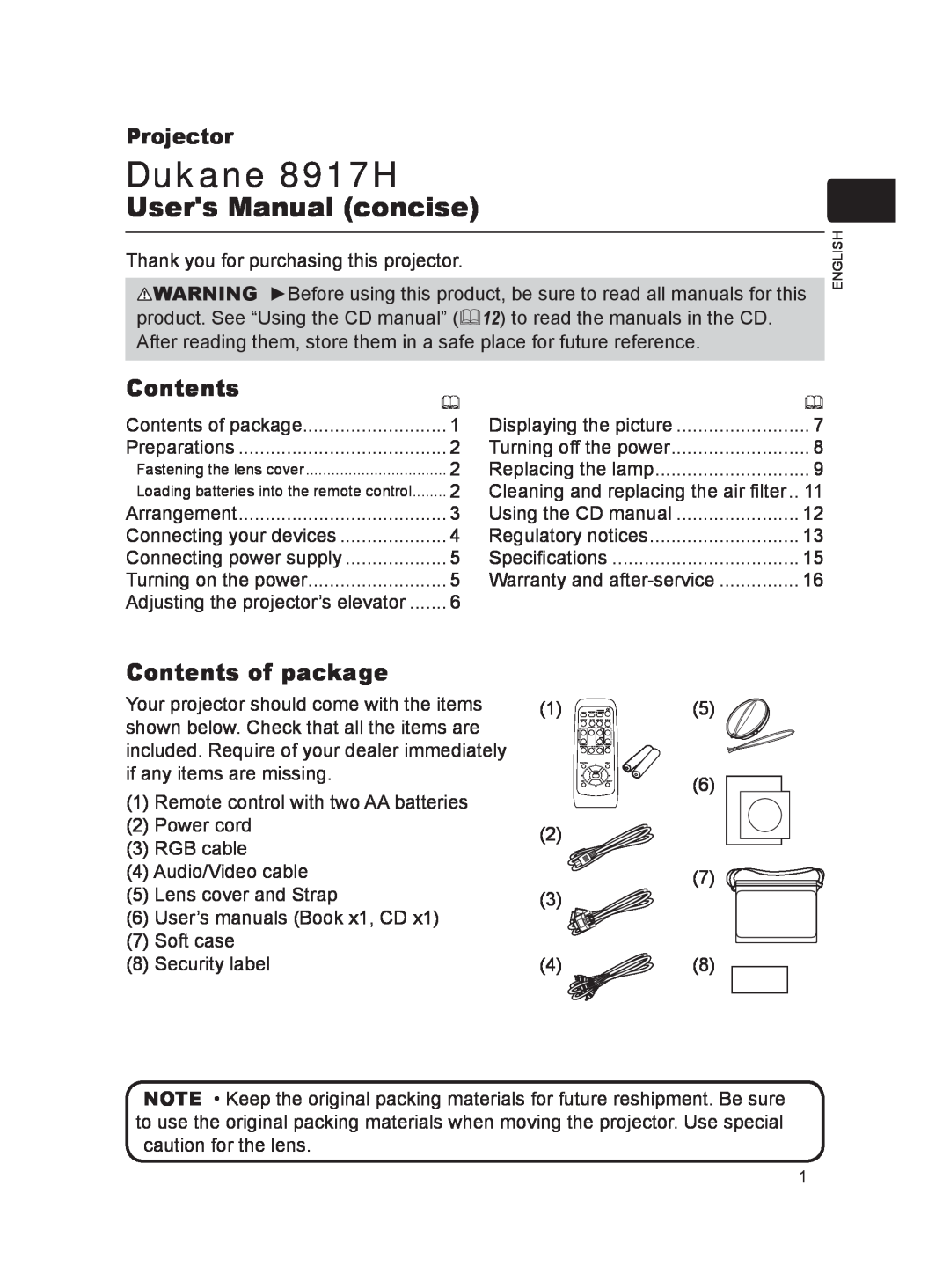 Dukane user manual Contents of package, Projector, Dukane 8917H, Users Manual concise 