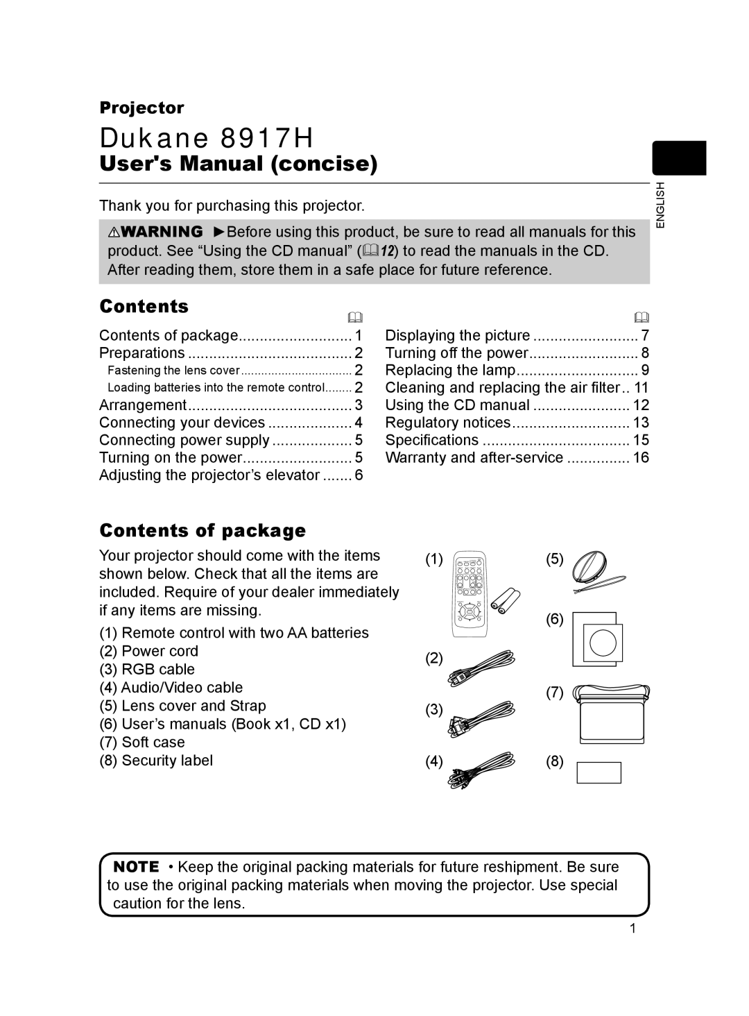 Dukane 8917H user manual Contents of package 