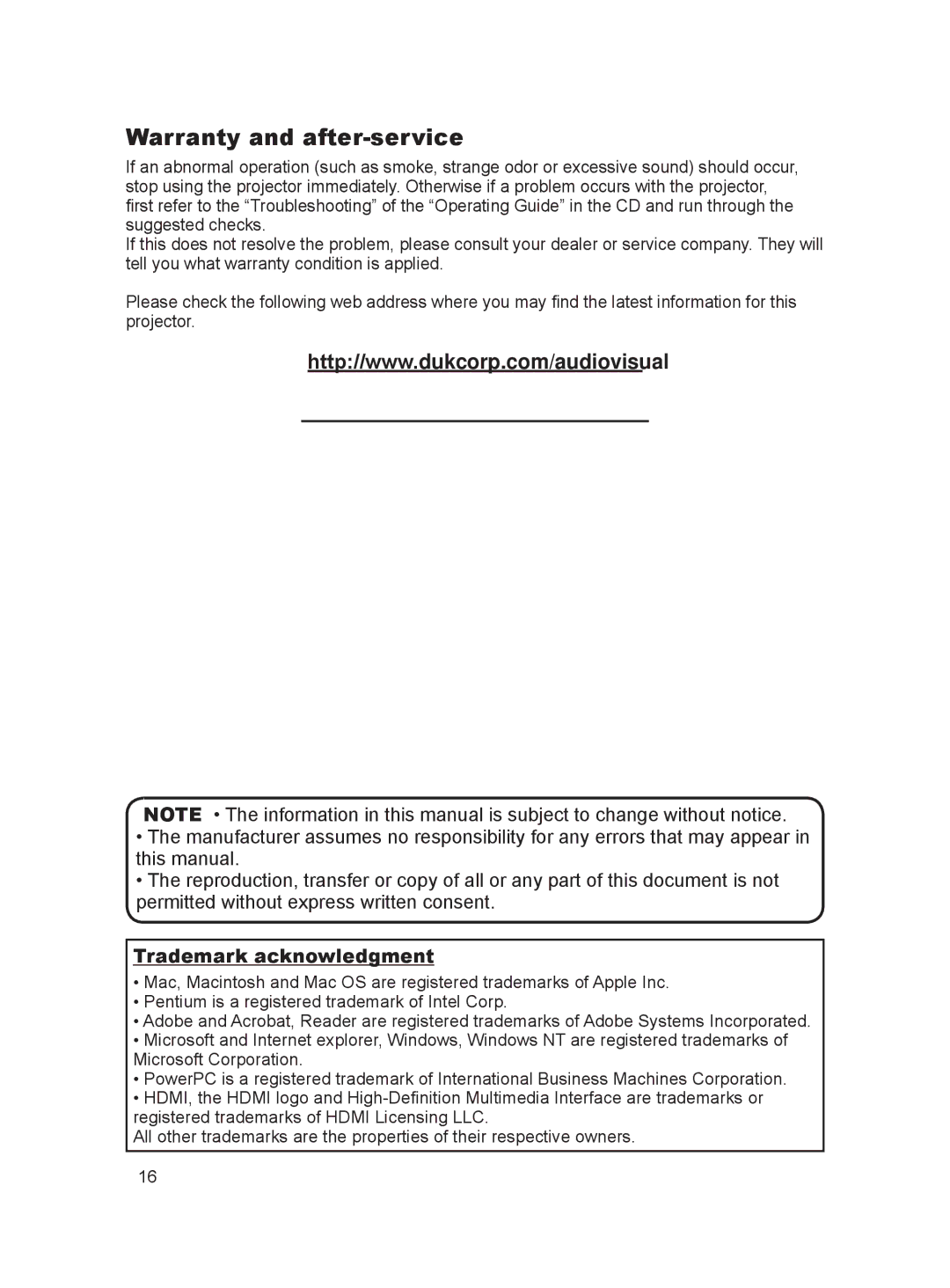 Dukane 8917H user manual Warranty and after-service, Trademark acknowledgment 