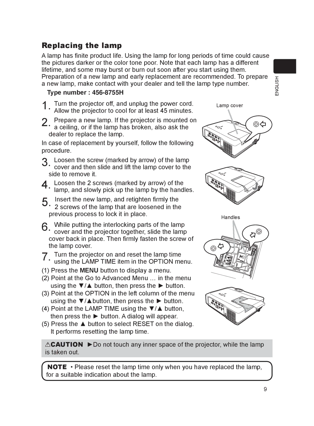 Dukane 8917H user manual Replacing the lamp, Type number 456-8755H 