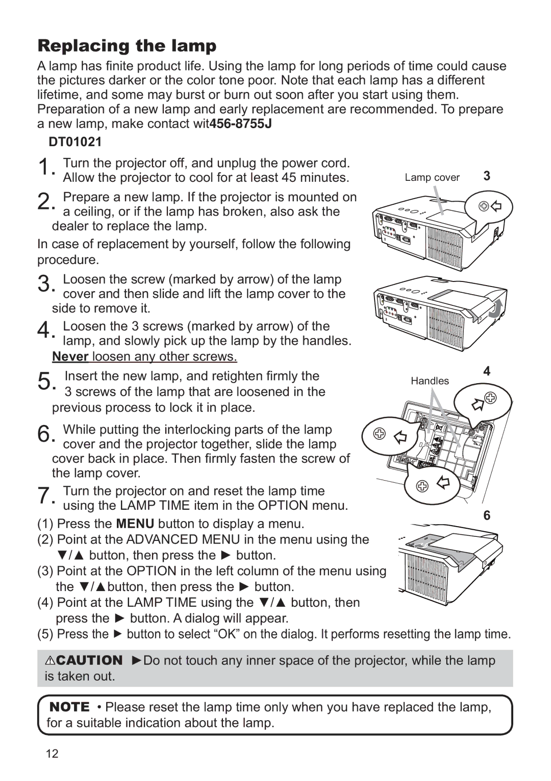 Dukane 8919H, 8920H user manual Replacing the lamp, DT01021 