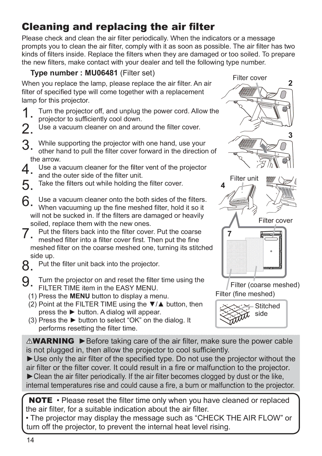 Dukane 8919H, 8920H user manual Cleaning and replacing the air ﬁlter, Type number MU06481 Filter set 