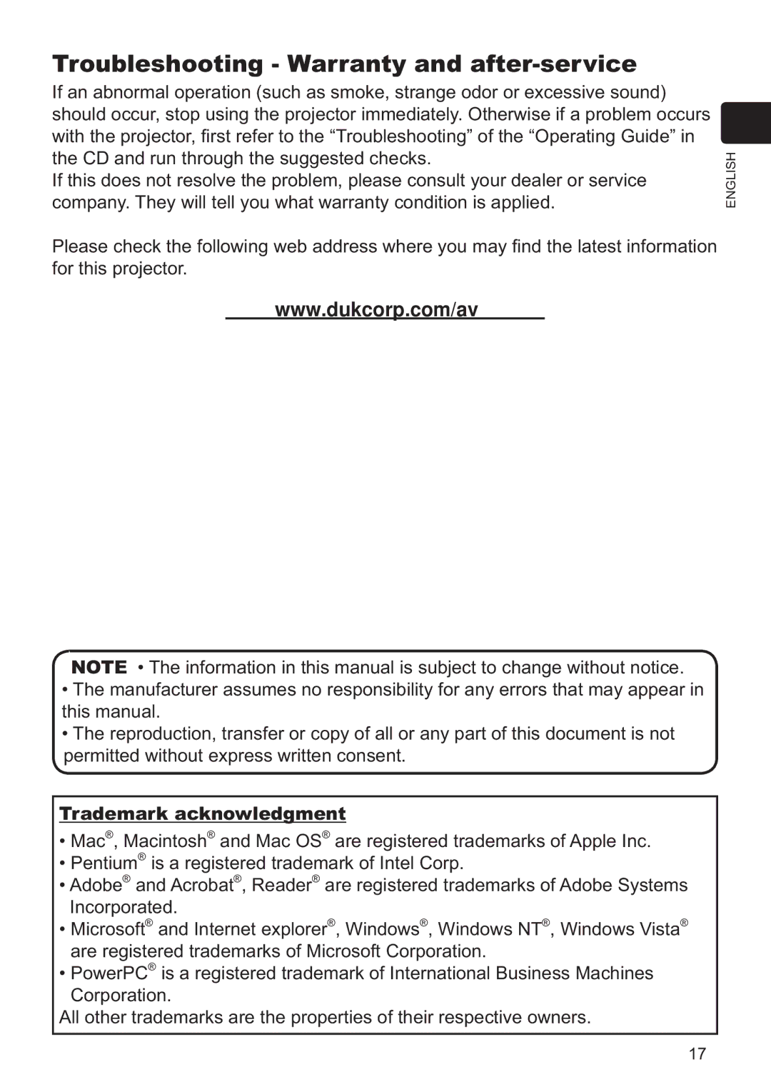 Dukane 8920H, 8919H user manual Troubleshooting Warranty and after-service, Trademark acknowledgment 