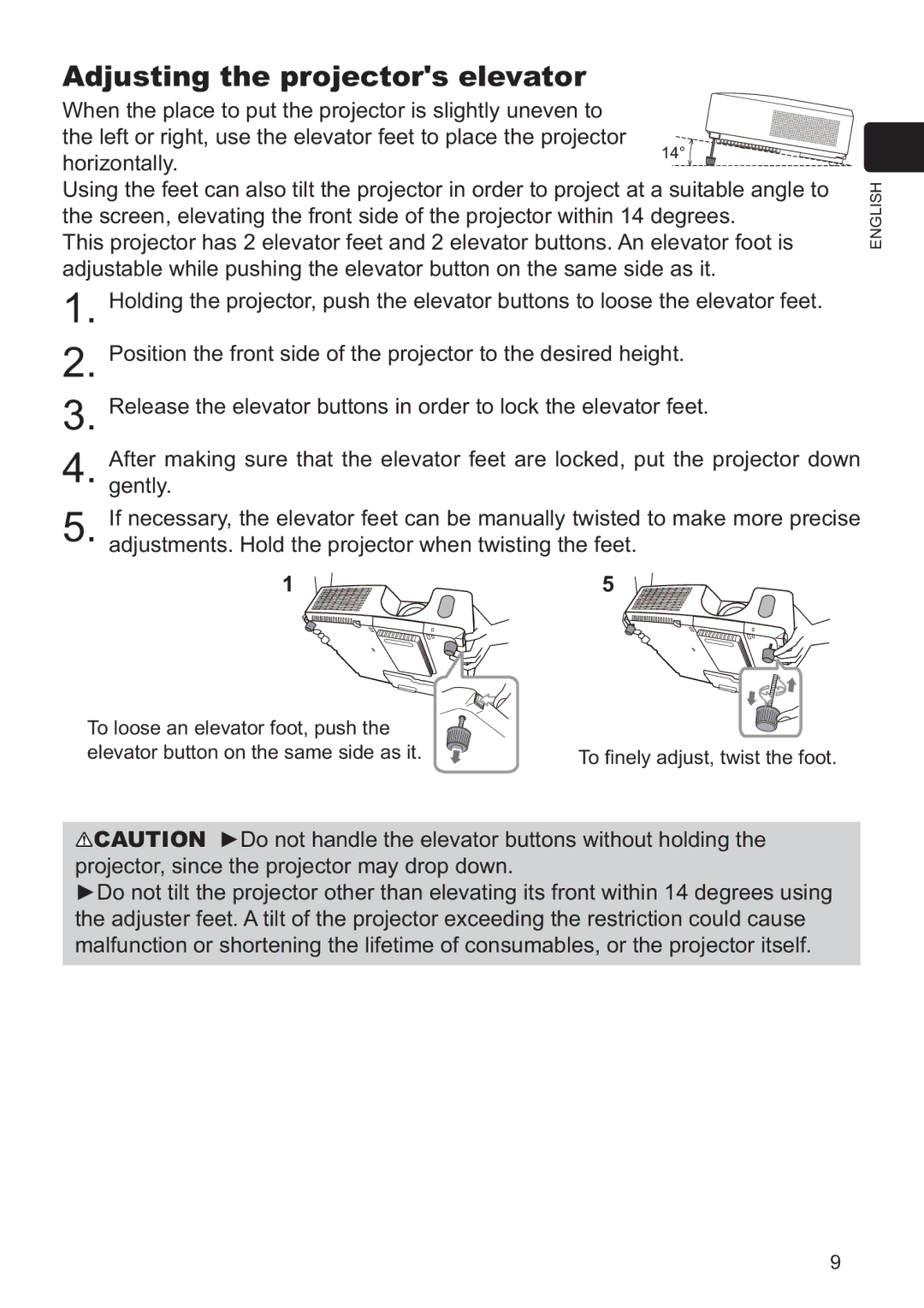 Dukane 8920H, 8919H user manual Adjusting the projectors elevator 