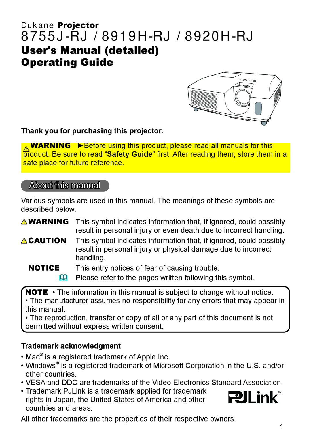 Dukane 8919H-RJ, 8920H-RJ user manual About this manual, Thank you for purchasing this projector, Trademark acknowledgment 