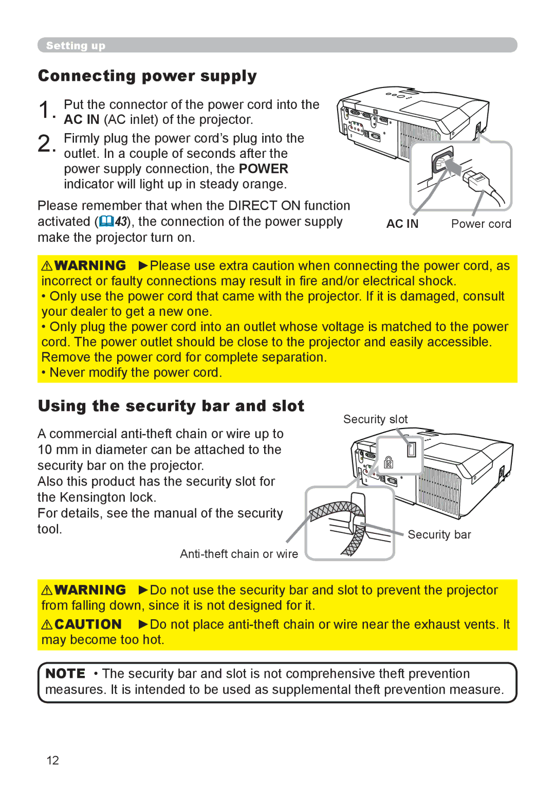 Dukane 8920H-RJ, 8919H-RJ, 8755J-RJ user manual Connecting power supply, Using the security bar and slot 